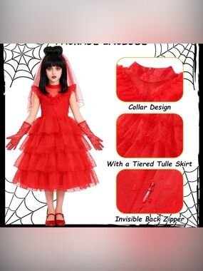 Girls Red Wedding Dress Tiered Tulle Costume Dress Only Size 150